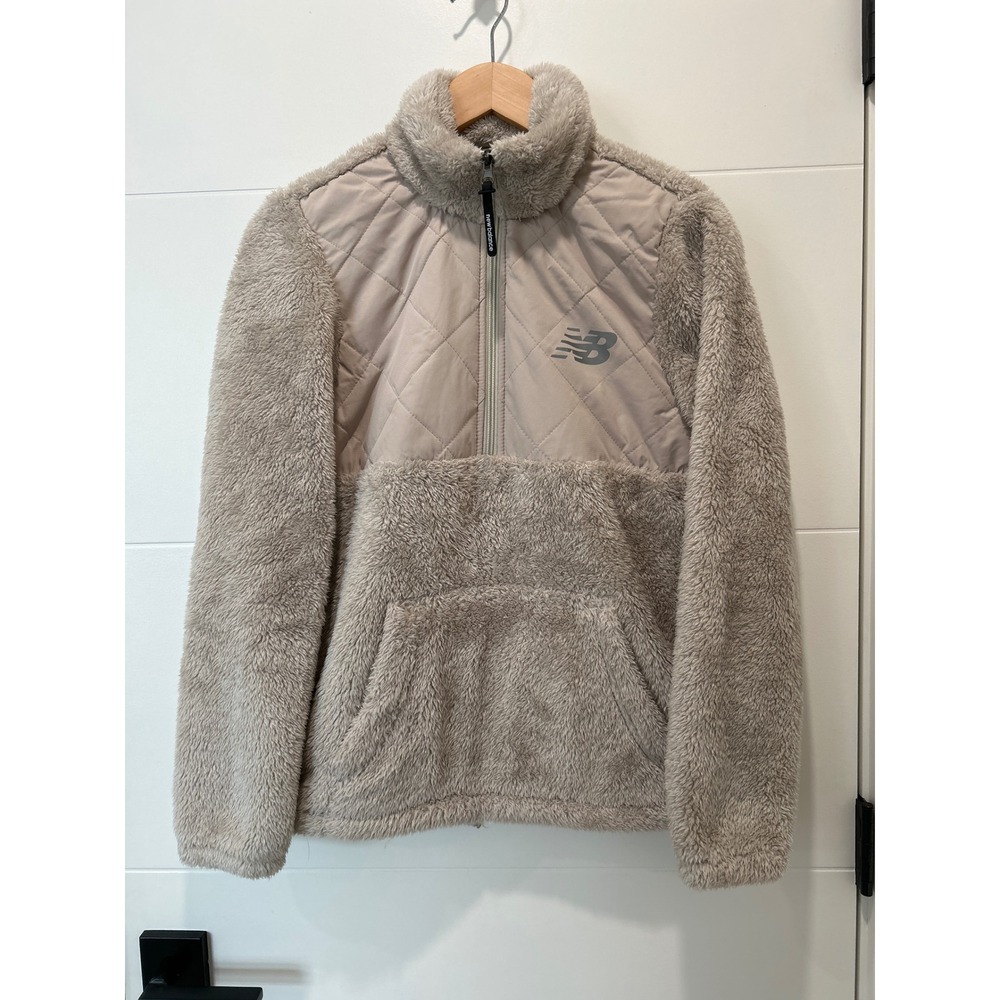 New Balance Womens Sherpa Fleece Quilted Quarter Zip Pullover Tan Gray Medium